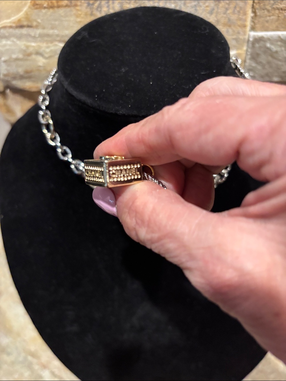 Two-Tone Interlocking Circle Necklace with CC Pendant - Gold & Silver - Picture 5 of 9